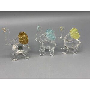 Vtg Set Of 3 Miniature Glass Elephants Hand Blown Glittered Ears Gold Blue Yello